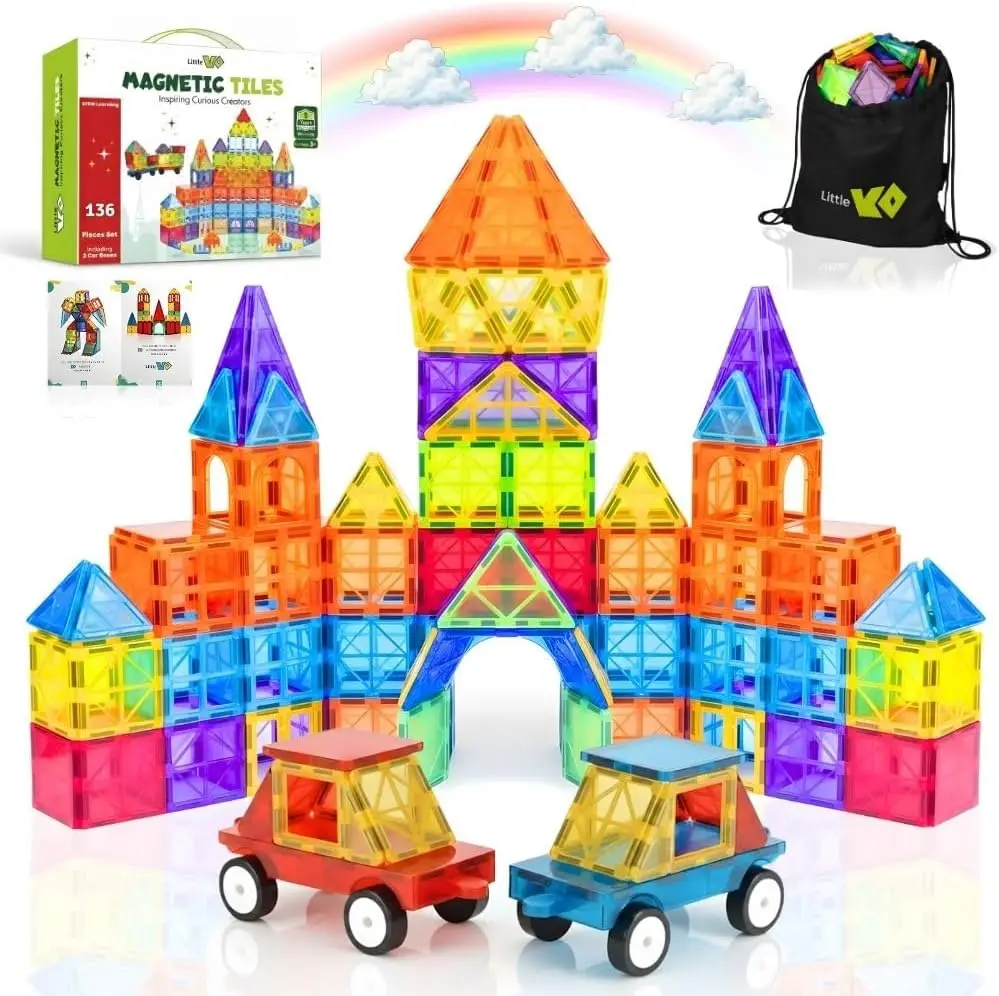 

136-Piece Magnetic Tiles Set with Car Bases, STEM Educational Building Toys for Ages 3-12, Creative Play