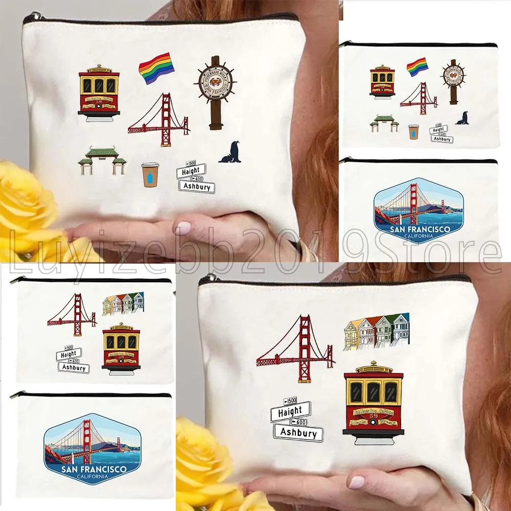 San Francisco California Travel Golden Gate Bridge Gifts Canvas Cosmetic Bag Makeup Case Travel Organizer Storage Make Up Pouch