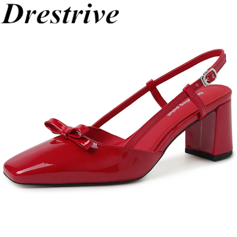 

Drestrive/2020 модные женские сандалии ручной работы из лакированной кожи с квадратным носком, летняя обувь на толстом высоком каблуке с узлом-бабочкой