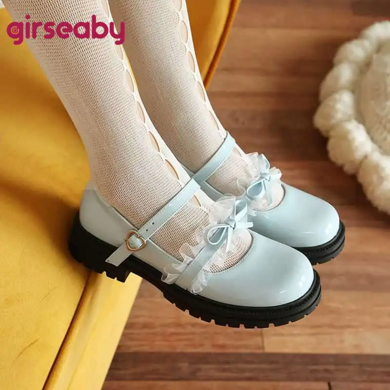 

Женские туфли Girseaby на плоской подошве, с каблуком 3,5 см, круглым носком, из лакированной кожи, с кружевной пряжкой, большие размеры 34-47, 44, 45, 46, US16, черные, синие, бежевые