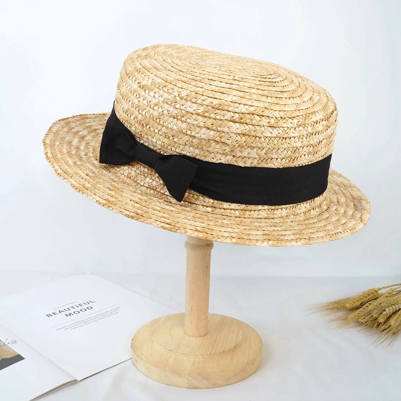 Cute Child Girls Straw Hat Bowknot Sun Hat Kids Large Brim Beach Summer Boater Beach Ribbon Round Flat Top Fedora Hat