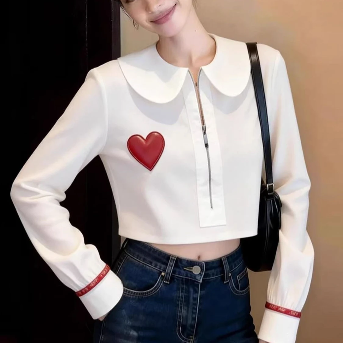 

Chic Women's White Cropped Blouse, Peter Pan Collar Half-Zip Top 3D Heart Embroidery Contrast Cuff, Sweet Casual Shirt Spring