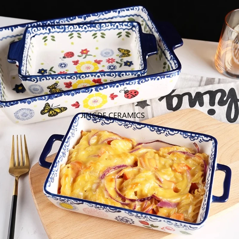 Rectangular/elliptical Double Ear Plate Cheese Baked Rice Tray Ceramic Baking Tray Oven Household Large Square Plate Tableware