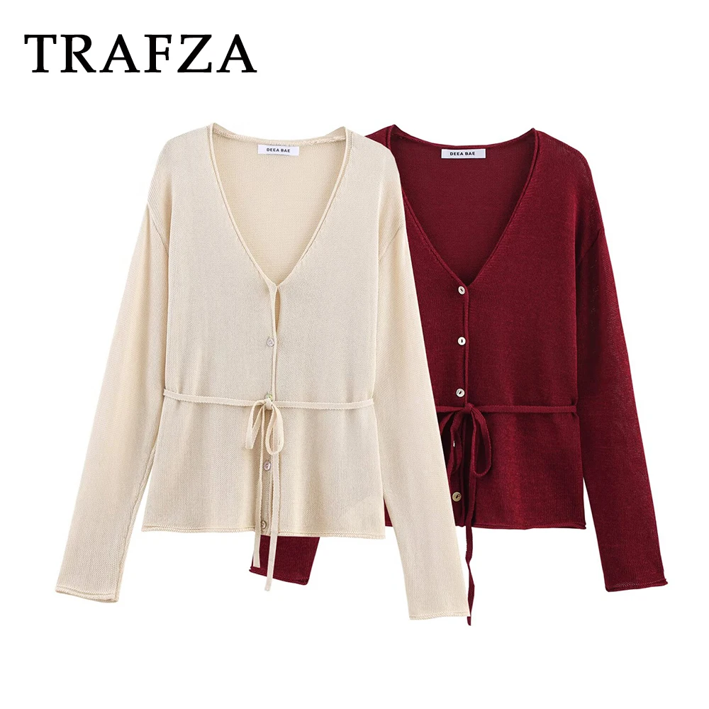 

TRAFZA Casual 2025 Knit Solid Sashes Vintage Women Sweaters V-Neck Loose Single Breasted Streetwear Chic Elegant Mujer Knitwear