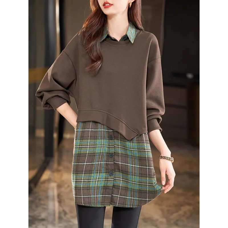 2024 Spring Autumn New Coffee Sweater Coat Plaid Fake Two Loose Mid-Long Fashion Sweaters Pullover Long Sleeve Tops Female