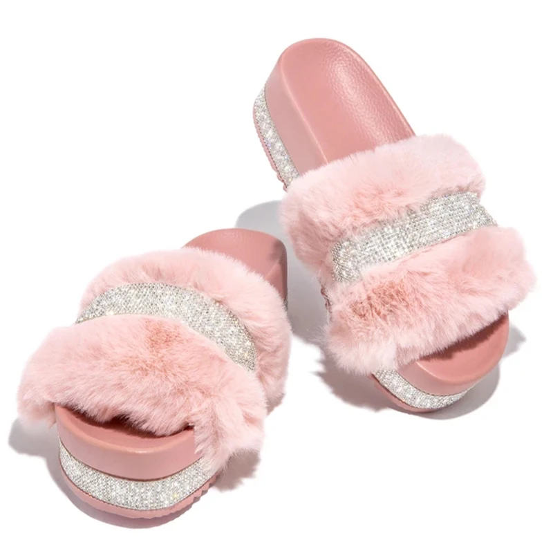 2024 Winter Designer Fur Rhinestone Slippers Women Luxury Platform Heel Fluffy Furry Slides Outside Beach Flip-Flop Ladies