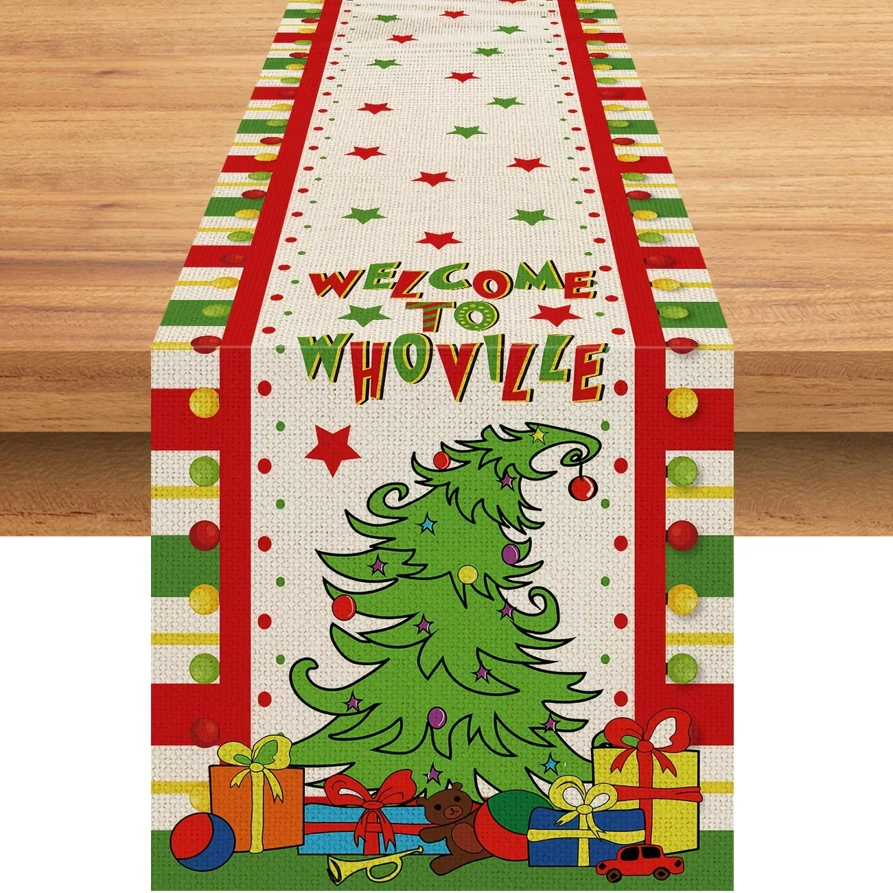 Whoville Christmas Table Runner 90 Inchs Welcome to Whoville Grin-ch Cotton Linen Table Runner Seasonal Winter Christmas Holiday