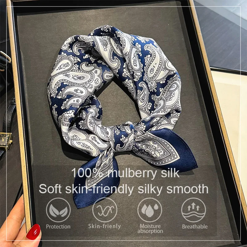 

Luxury 100% Mulberry Silk Scarf Women Paisley Print Bandana Shawl Lady Neckerchief Handkerchief Female Decorative Wrap 53cm