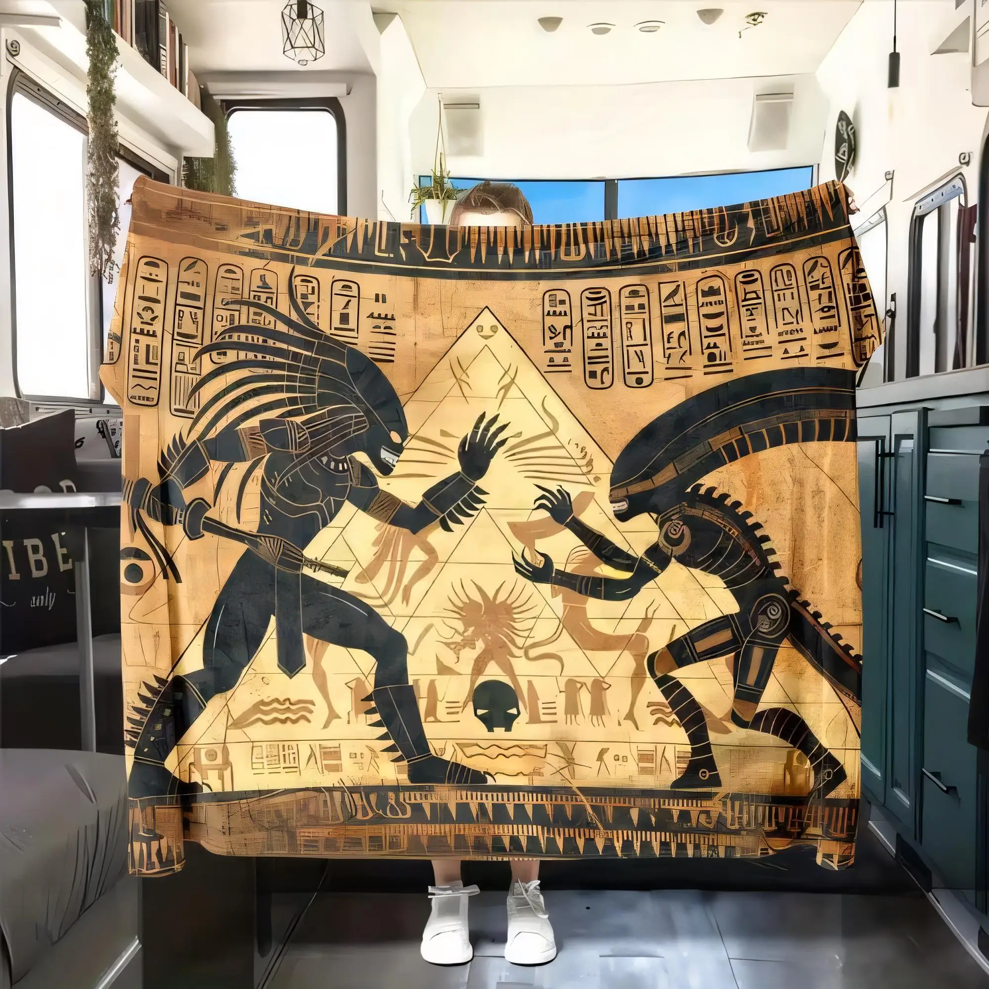 Ancient Egyptian Sci-Fi Blanket Tapestry Soft Cozy Throw Featuring Dark Creatures Predator vs Alien, Hieroglyphs, Sphinx Design