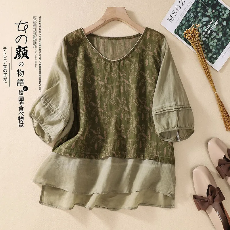 

New Arrival 2023 Summer Arts Style Women Half Sleeve Loose V-neck Tee Shirt Femme Tops Patchwork Vintage Print T-shirt P95