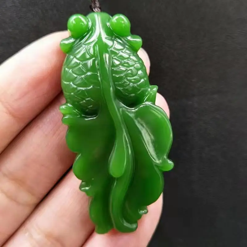Natural Green Double-sided Carved Goldfish Pendant Fashion Boutique Jewelry Men and Women Models Have Fish Necklaces Every Year