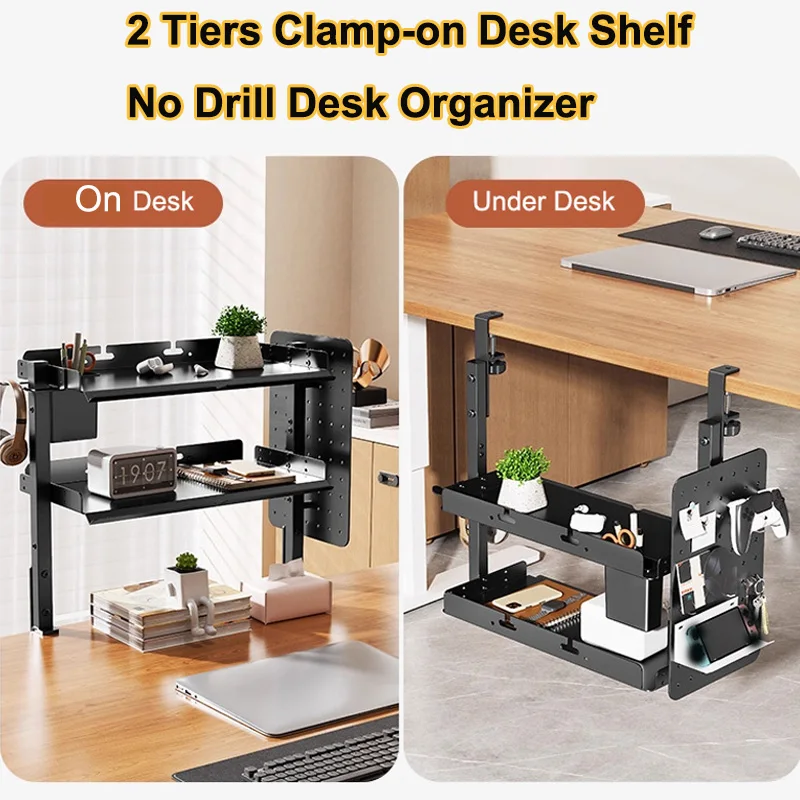 Clamp-on 14 inch Above Below Desk 2-Tier Shelf Unit for Table Accessories Gaming Devices and More Storage Tray Desktop Organizer