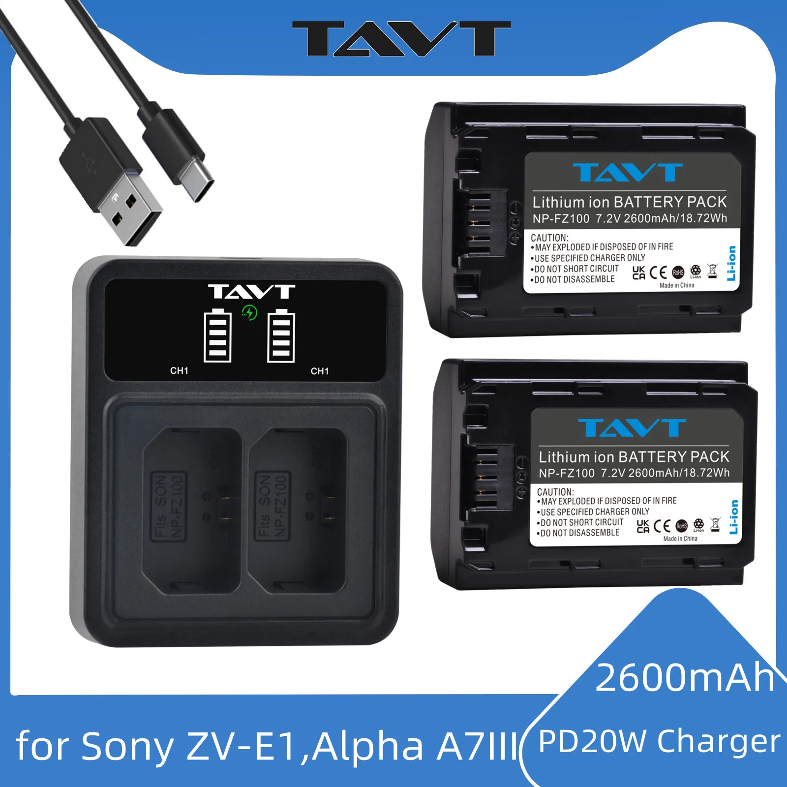 2600mAh NP-FZ100 NP FZ100 Battery and PD20W Charger for Sony A6600 Alpha A7III A7R III A9 a7R IV A6700 A7M4 A7M3 ZV-E1 FX30 A7C