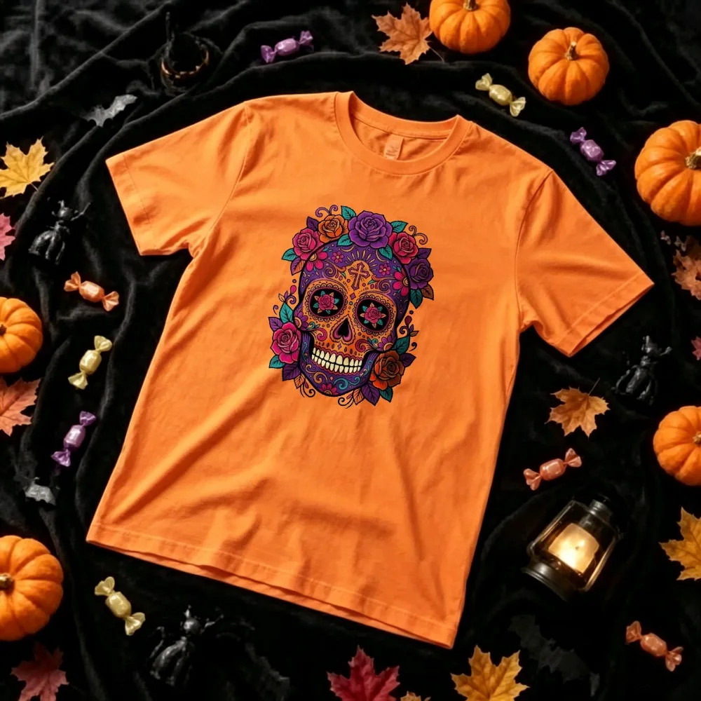 Vibrant Rose Floral Sugar Skull Graphic T‑Shirt Dia De Los Muertos Mexican Day of The Dead Cross Ornate Colorful Flower Skull