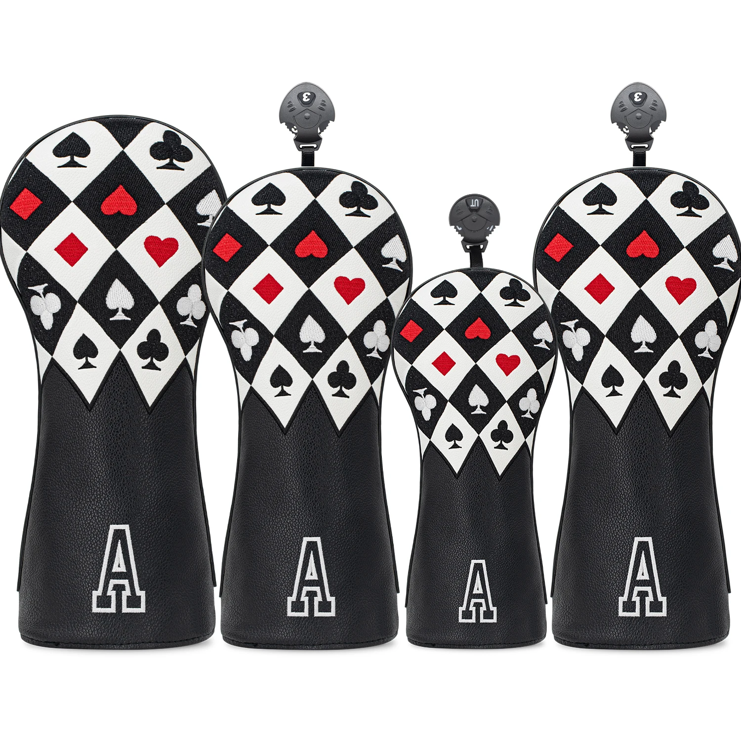 1PC/4PCS Black Poker Card Series Golf Wood Headcover, PU Club Head Cover for Driver Fairway Hybrid with Rotating Number Tag
