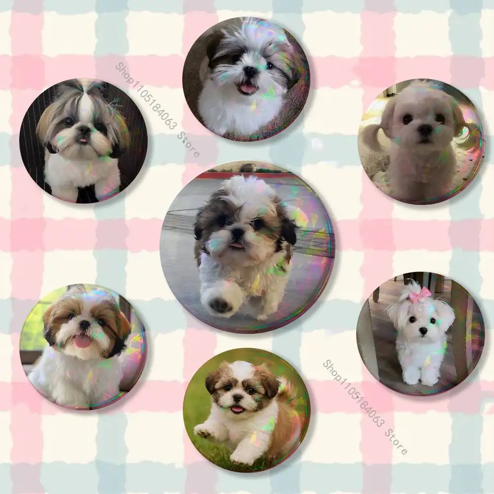 

Lovely Shih Tzu Badge on Backpack Clothes decoration Tinplate Round Brooch Funny Custom Gifts for Friend