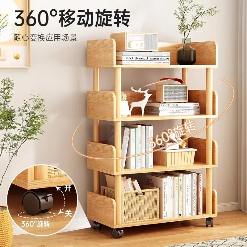 Movable bookshelf trolley with wheel storage rack Floor shelf Student desk side picture book rack bay window bookcase