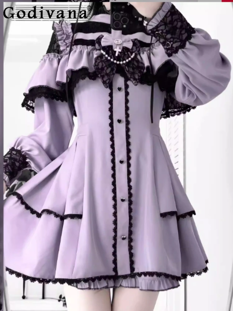 

Spring Autumn Japanese Bow Lace Stand-up Collar Ruffles Dresses Fashion Girl High Waist A-line Long Sleeve Dress Shorts Sets