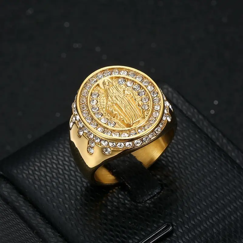 

316L Stainless Steel Ring with Synthetic Zirconia, Retro Virgin Mary Design, Hiphop Fashion Finger Ornament