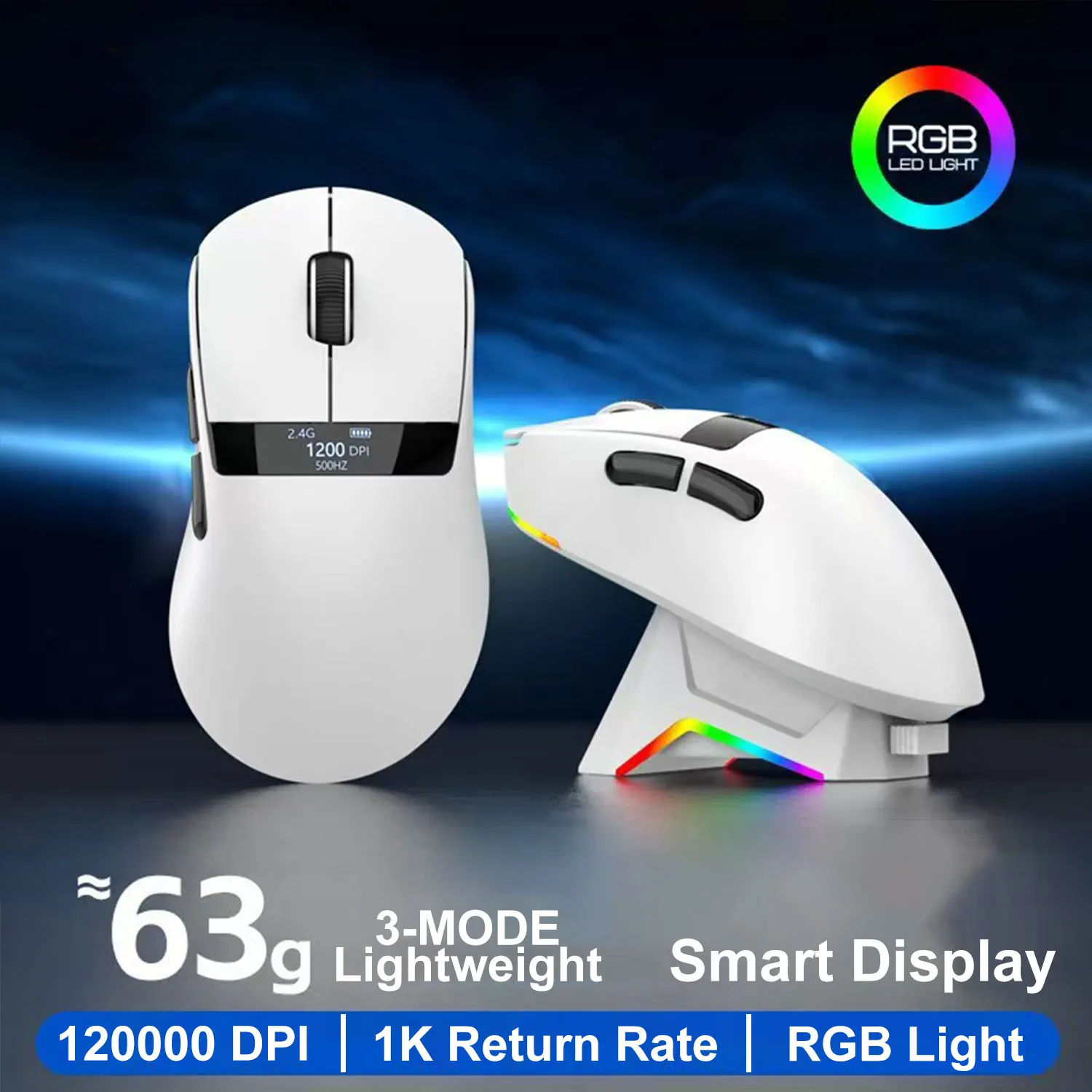2026 NEW  Wireless Gaming Mouse,Lightweight Triple-Mode with RGB Charging Base,PAW3311 Senser,500mAh battery,12000DPI(MAX)