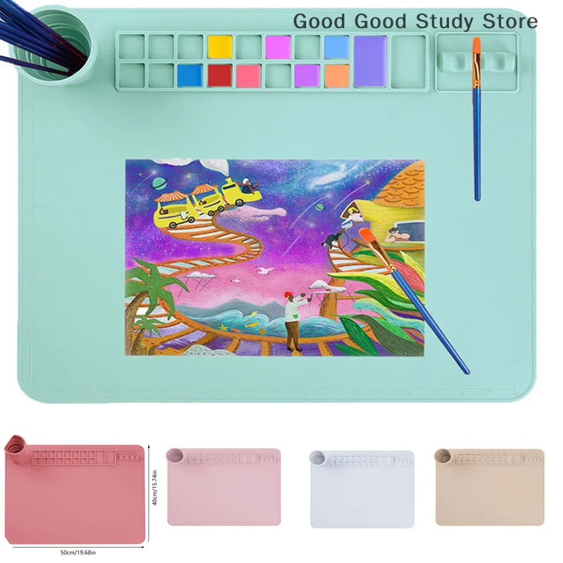 Silicone Painting Mat With Cup And Paint Brush Holder Palette DIY Handmade Mat Kids Nonslip Art Crafts Pads 50x40cm