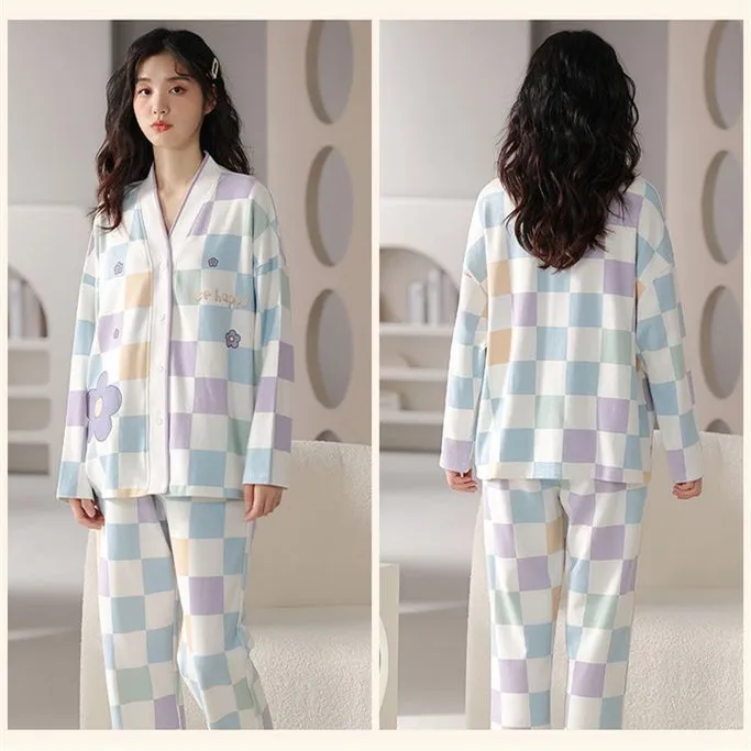 Spring Cotton Pajamas Women\'s Spring  Long-sleeved Home Loungewear Female Loose Casual Women Sleepwear Pajama Set Home Clothes