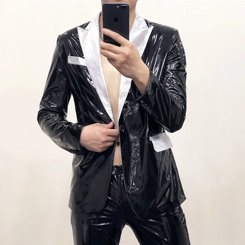 Мужской кожаный пиджак по индивидуальному заказу, черный, белый цвет, приталенный повседневный костюм для вечеринок, куртка для певца, ночного клуба, бара, концерта, сценического пальто