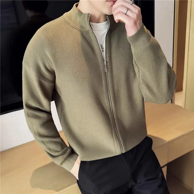 High Quality Men's Knit Cardigan Autumn Winter Thick Slim Fit Stand Collar Zipper Knitted Sweatercoat Men Solid Color Outerwear