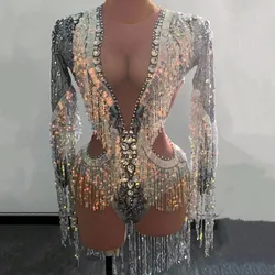 Women Silver Rhinestone Sequins Tassel Dance Bodysuit Stretch Dance Fringes Jumpsuit Club DJ Singer Leotard Stage Dance Costume