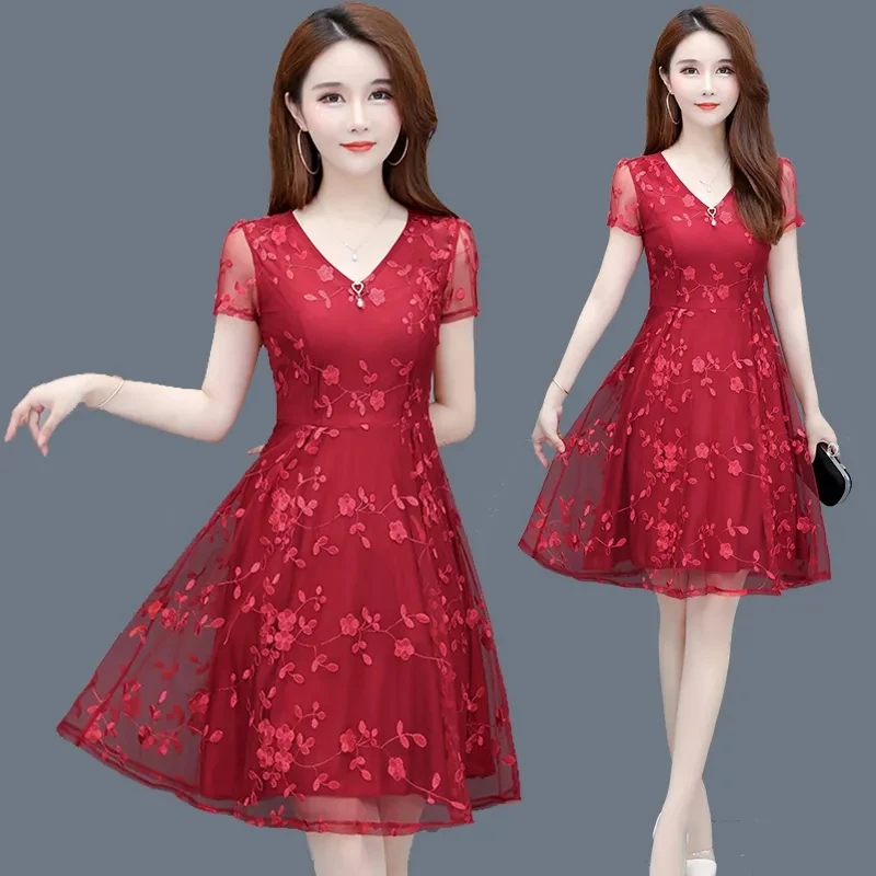 Women\'s Embroidered Floral Dress, Slim Dresses, Mesh, Large Size, Pullover, Long Skirt, Elegant, Fashion, New, Summer 2024