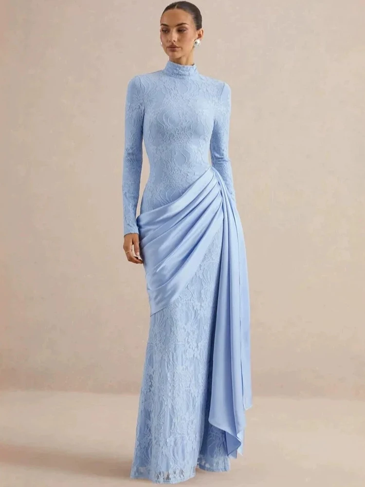 Mozision Women High Neck Long Sleeve Lace Sexy Maxi Dress Satin Drape Side Split Formal Evening Party Gown Wedding Guest Dress