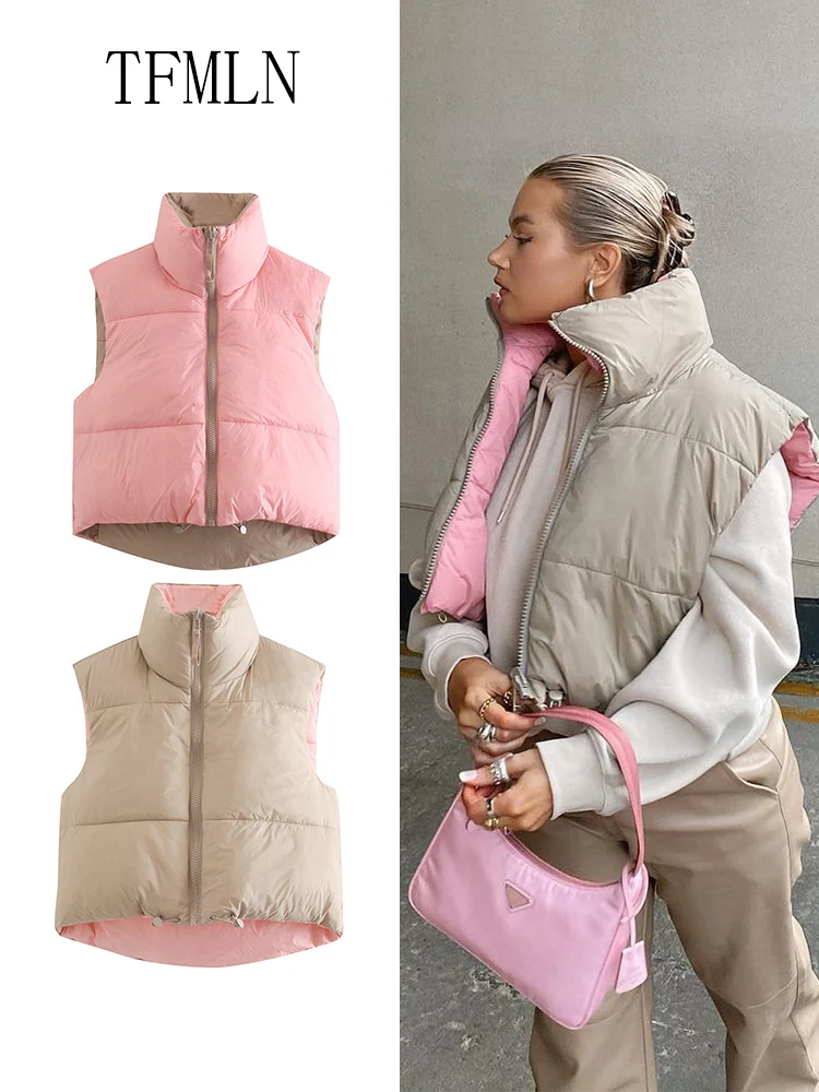 

TFMLN Women Sleeveless Reversible Jacket 2025 Autumn Winter Vintage Padded Warm Zipper Outwear Fashion Casual Short Coat Tops