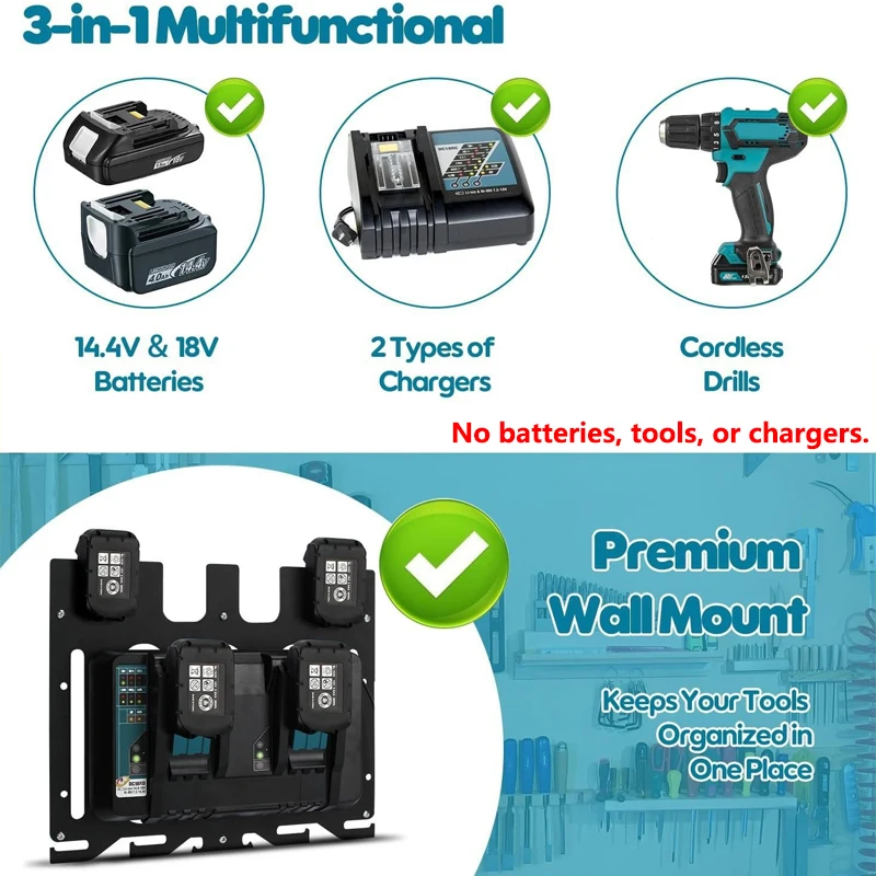 

Металлическое крепление для зарядного устройства для держателя аккумулятора Makita и зарядного устройства DC18RC DC18RD Стабильное настенное крепление для зарядного устройства Стеллаж для хранения аккумуляторов на 1-4 слота