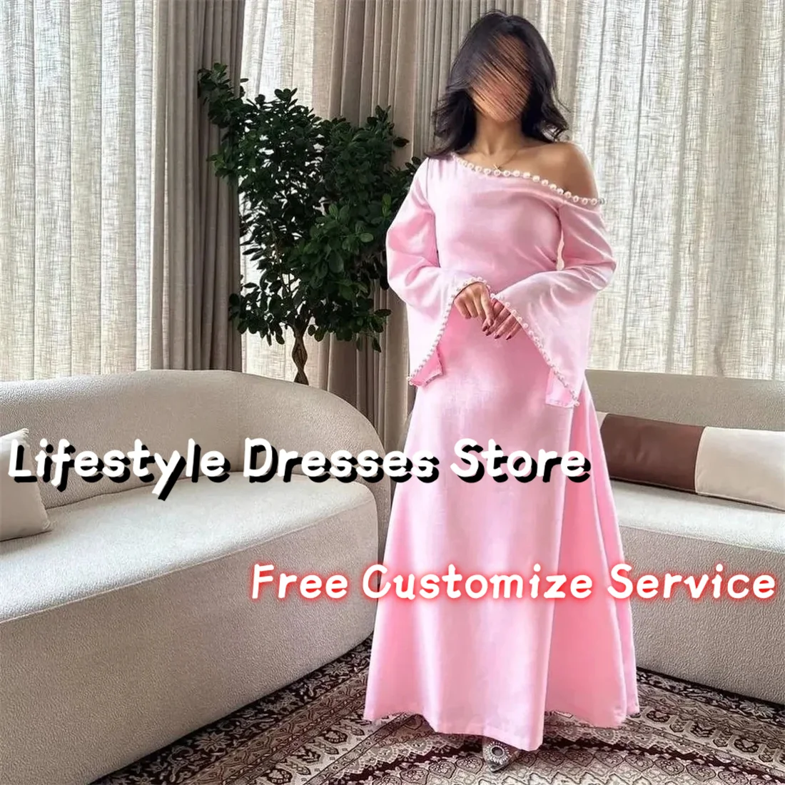 

Saudi Elegant Pearls Evening Dresses Boat Neck Prom Dresses A Line Chiffon Long Sleeve Party Gowns Formal Wedding Guest Dress