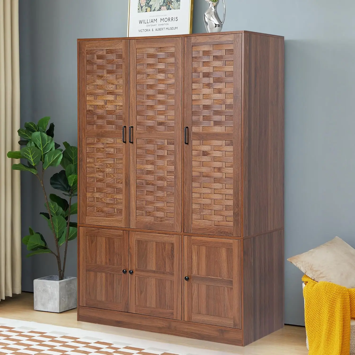 

Wardrobe Closet with 6 Woven Doors, Walnut Armoire Wardrobe Cabinet for High Storage Capacity Freestanding Tall Bedroom Closet