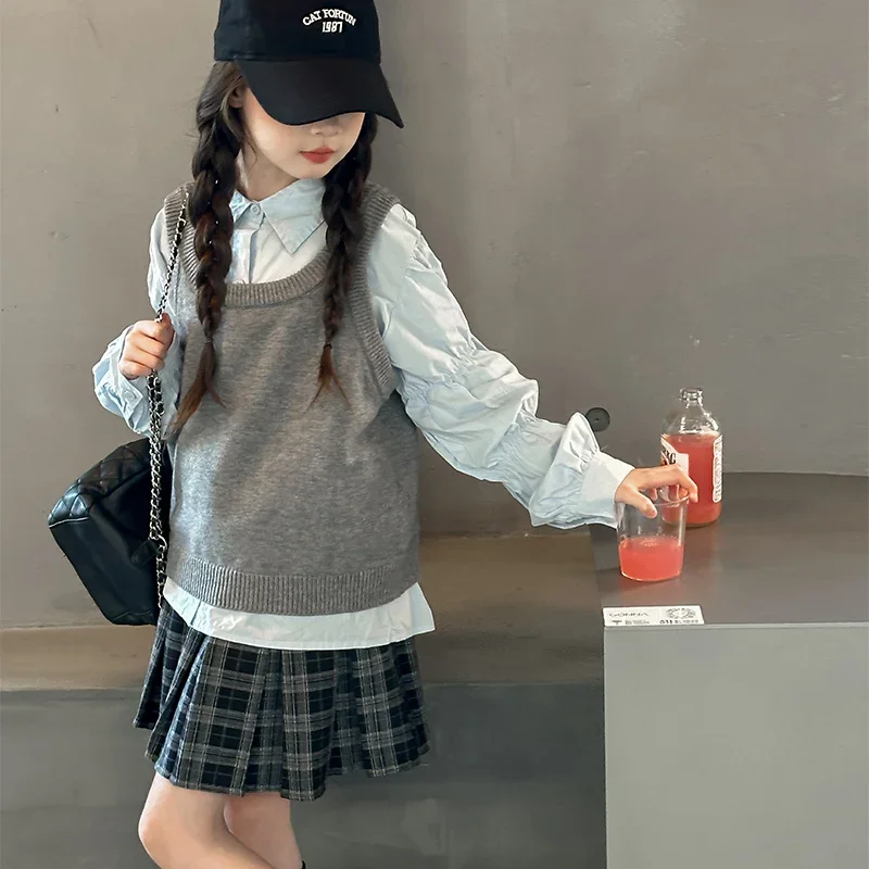 

Школьная одежда для маленьких девочек, детская одежда, костюм, 14 свитеров, жилет + синяя рубашка с рукавами-пузырьками + клетчатая плиссированная юбка, комплекты из 3 предметов для подростков