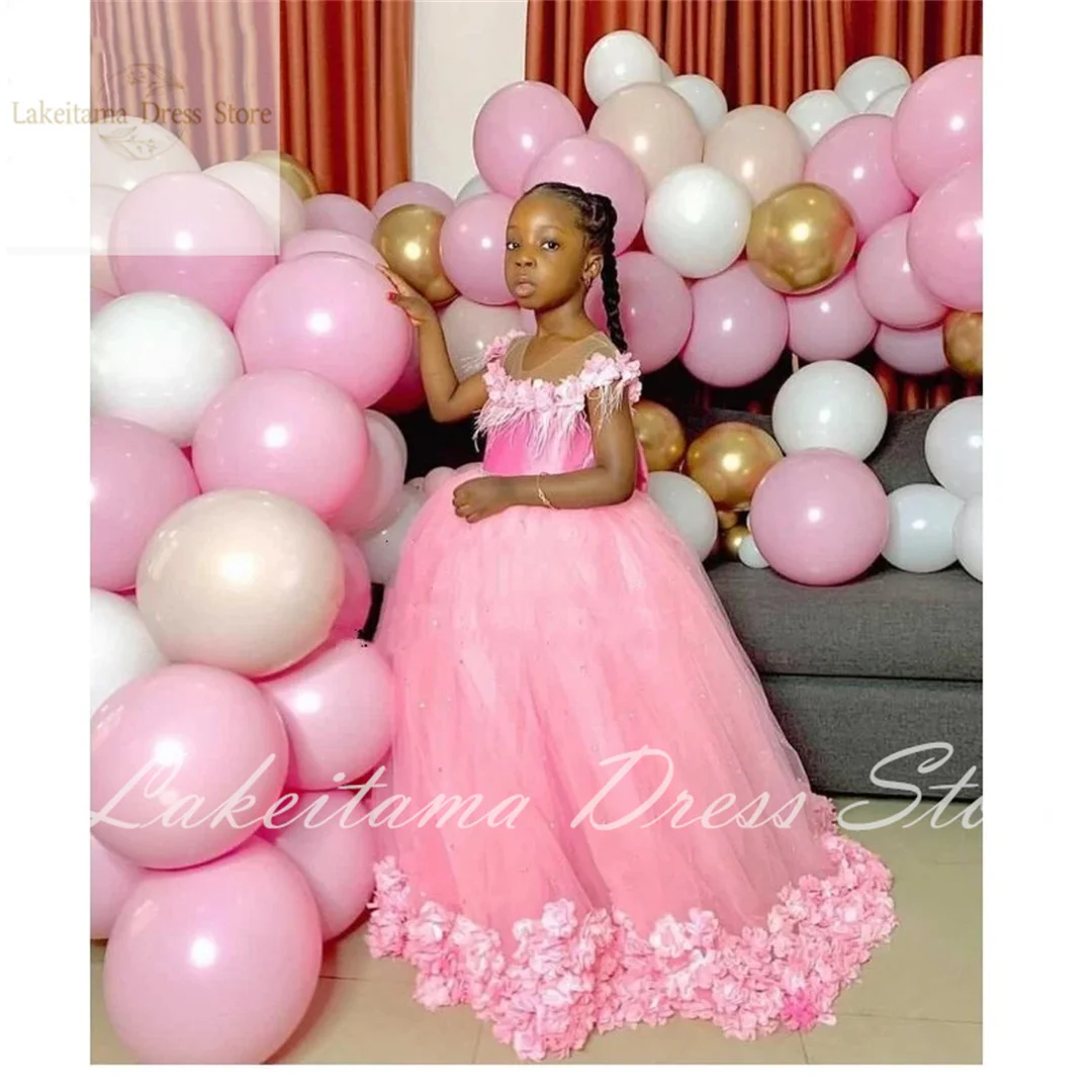 Blumenmädchenkleider für die Hochzeit, rosa Applikation, bauschiger Tüll, bodenlang, mit Schleife, Kleid für Kinder, Party, Geburtstag, Prinzessin, Ballkleid