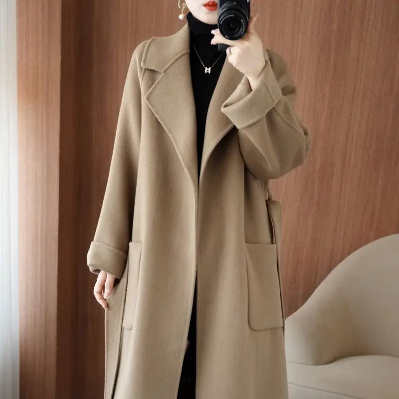 Autumn Winter Woolen Coat Lapel Collar Long Sleeves Solid Fashion Overcoat Belt Pockets Outerwear Female Vintage Oversize V25