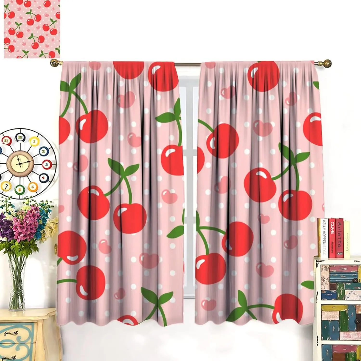 Cherry Blackout Curtains, Summer Fruit Cherry Love Pattern Style, Kids Girls Bedroom Living Room Blackout Decorative Curtains,