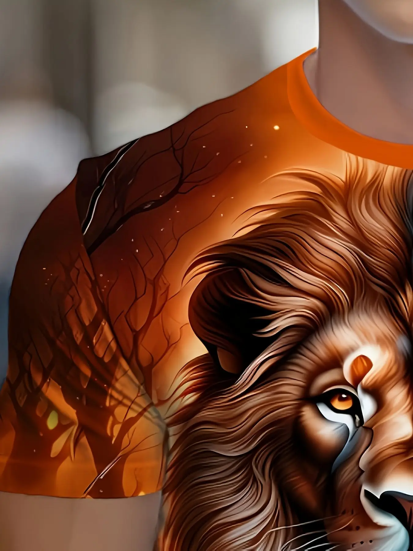 Herren 3D-T-Shirt mit Goldenem Flammenlöwen-Druck, Orange, Wilder Tierkönig, Rundhals, Kurzarm, Lässiges Oberteil – Detail 5