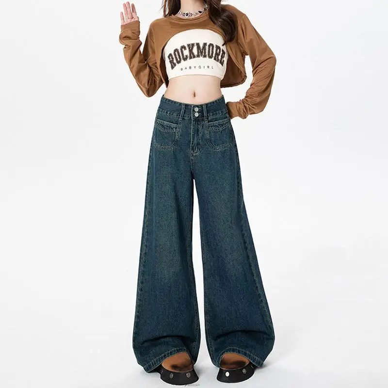

Deep Blue High Waist Wide Leg Jeans Women's Early Autumn New Loose Versatile Slimming Straight Cut Cotton Blend Casual Pants