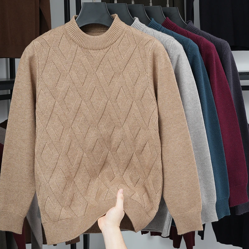 

Thick and Warm Trendy Sweater for Autumn and Winter, Solid Color Diamond Jacquard Half Height Round Neck Hooded Knitted Sweater