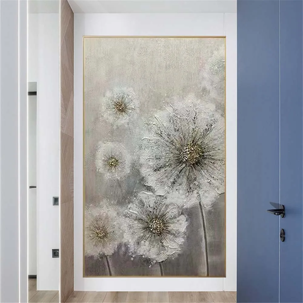 

Real Handmade Texture White Flower Plant Grey Canvas Oil Paintings Large Wall Art Picture For Home Decor Painting Gift Artwork