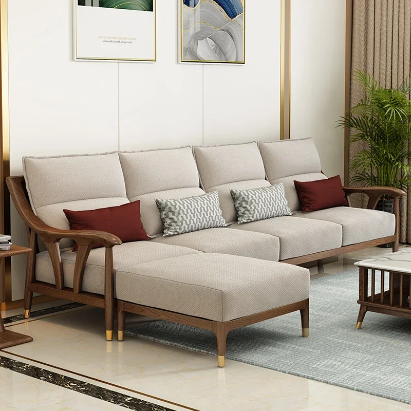 

New Chinese-style all-solid wood sofa combination small apartment living room Nordic light luxury three-person fabric