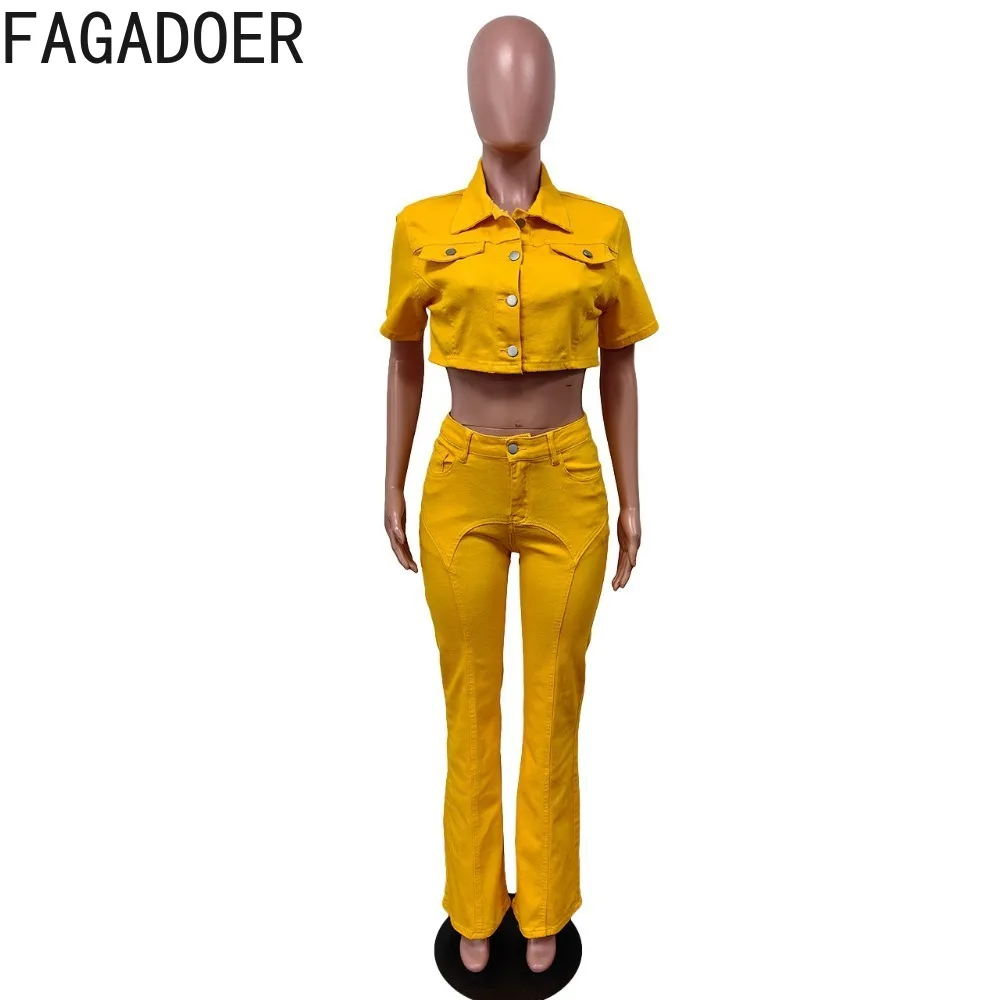 Fagadoer ผ้ายีนส์สองชิ้นแฟชั่นกุหลาบ Y2K กระดุมคอเสื้อแบบครบวงจรและกางเกงรัดรูปชุดสตรีทแวร์สำหรับผู้หญิง