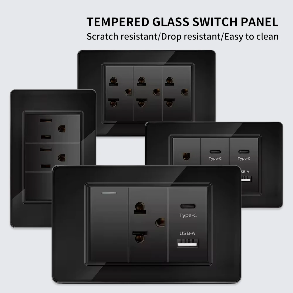 

Wall Socket Thai USB Socket Plug with Dual USB Type-C Ports,Light Switch 110V 118*75mm Tempered Glass US