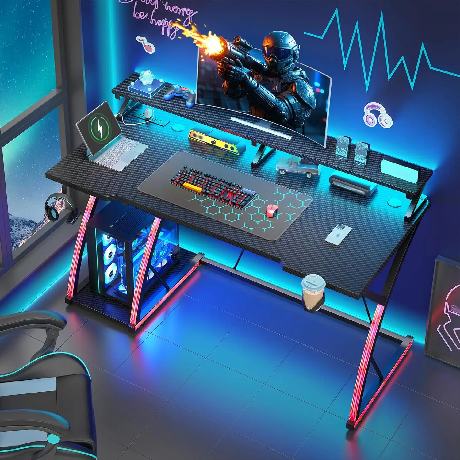 

48 inch Gaming Desk with LED Lights & Power Outlet, Computer Desk with Monitor Shelf, Small Corner Office Desk with Carbon Fiber