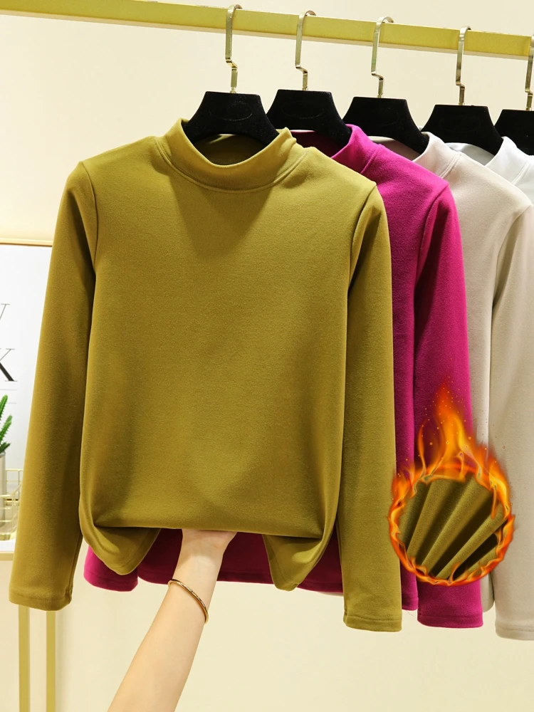 Women's Long Sleeve Double-Faced Fleece Pure Cotton Half-High Collar T-Shirt Warm Fitting Base Layer Shirt Korean Style Commute