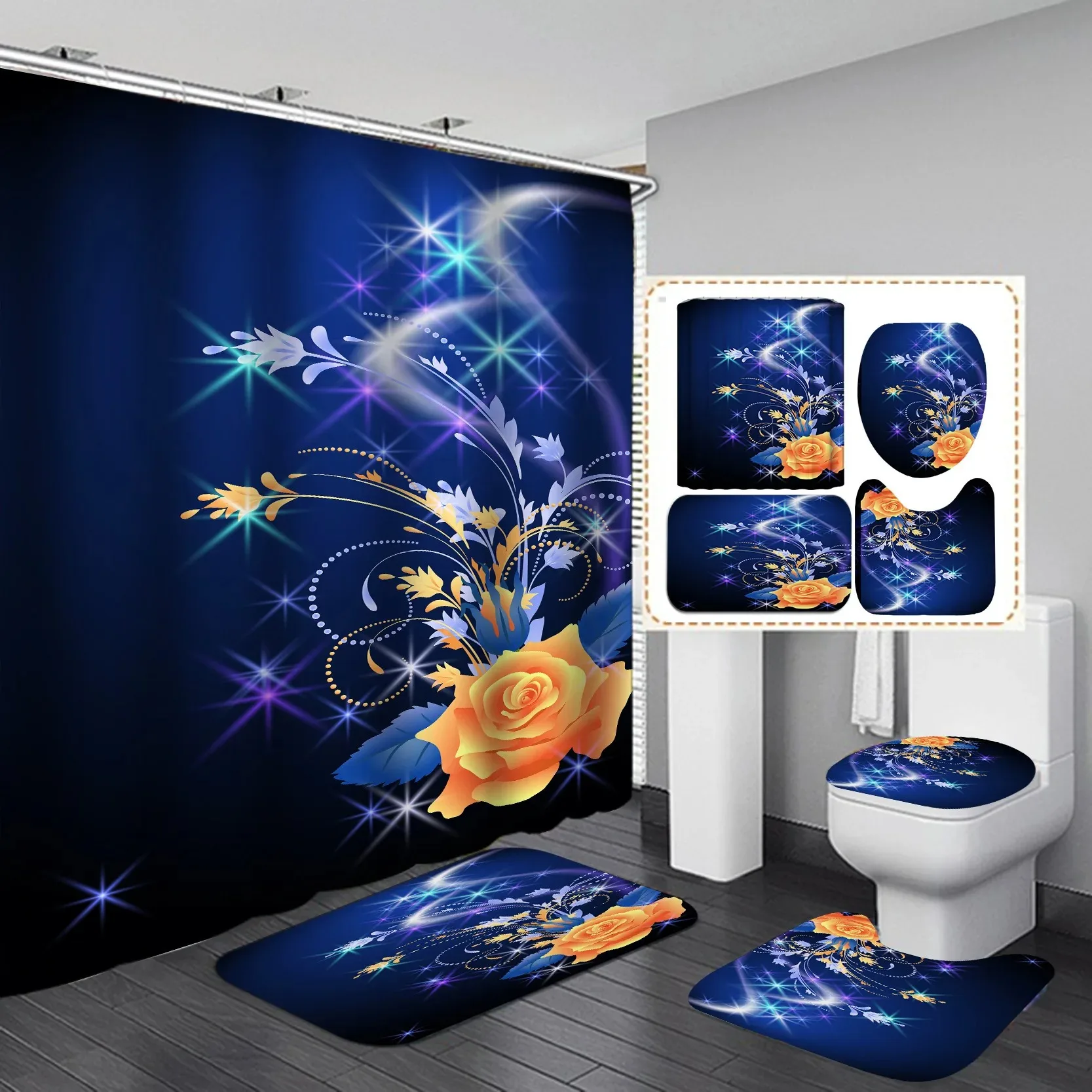 Romantic Rose Shower Curtain Polyester Waterproof Fashion Flowers Floor Mat Toilet Set Bath Accessories Mildew Proof