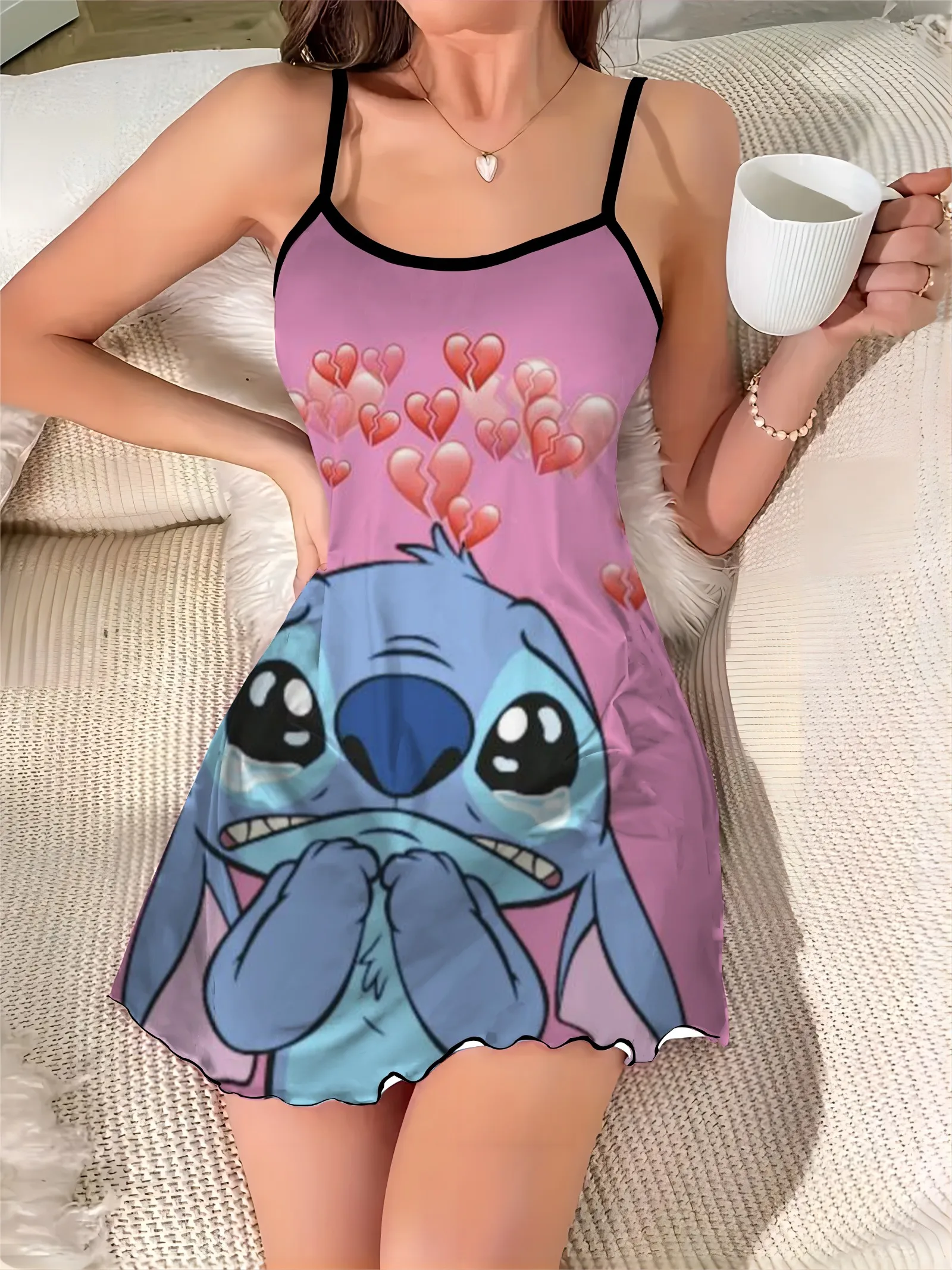 Moda Letnie Sukienki 2024 Sukienka Domowa Stitch Disney Sałata Wykończenie Szyja Satynowa Powierzchnia Eleganckie Kobiety Szykowne Mini Seksowne Wykończenie Szyi